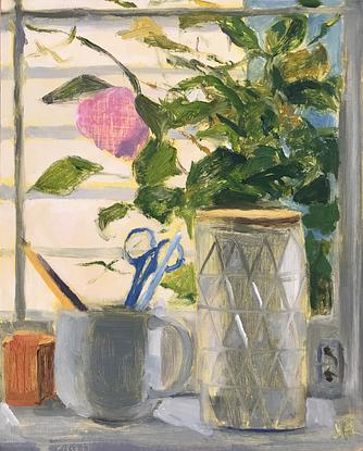 (CreativeWork) Kitchen window still life by Jacqui Reynolds. Oil. Shop online at Bluethumb.