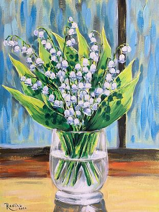 Lily of the valley, May-lily flowers original acrylic painting by Irina Redine. Framed and ready to hang artwork originals 