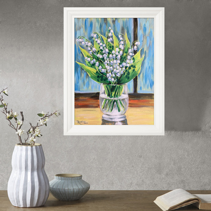 Lily of the valley, May-lily flowers original acrylic painting by Irina Redine. Framed and ready to hang artwork originals 