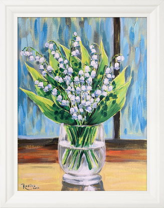 Lily of the valley, May-lily flowers original acrylic painting by Irina Redine. Framed and ready to hang artwork originals 