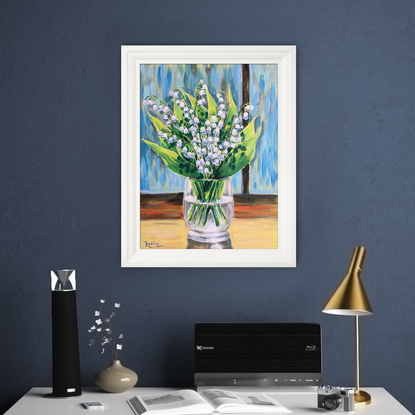 Lily of the valley, May-lily flowers original acrylic painting by Irina Redine. Framed and ready to hang artwork originals 