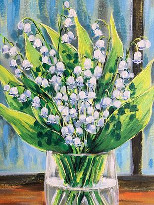 Lily of the valley, May-lily flowers original acrylic painting by Irina Redine. Framed and ready to hang artwork originals 