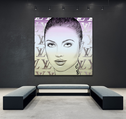 very large painting of a beautiful woman's face.  A strong gaze with her hair pulled back so that face and eyes are accentuated.  -Louis Vuittonis in a silver foil as a 'wallpaper' behind her. The backgound is a sonft purple lilac lavender softened to shades of gray and olive