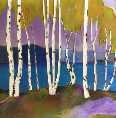 (CreativeWork) Birches on the river by Antoinette Andersen. Mixed Media. Shop online at Bluethumb.