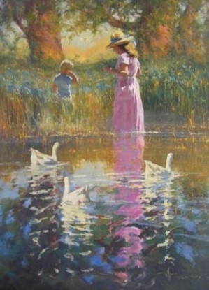 Glossy reflections in water with ducks and girl in romantic style.