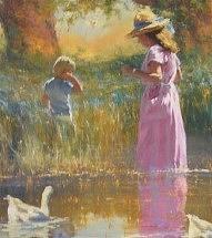 Glossy reflections in water with ducks and girl in romantic style.