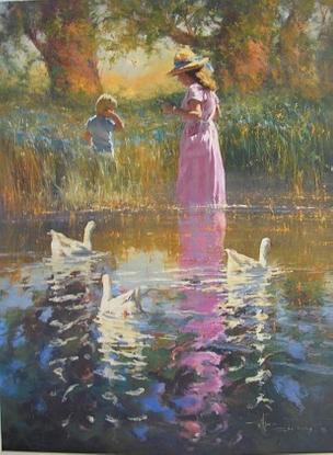 Glossy reflections in water with ducks and girl in romantic style.