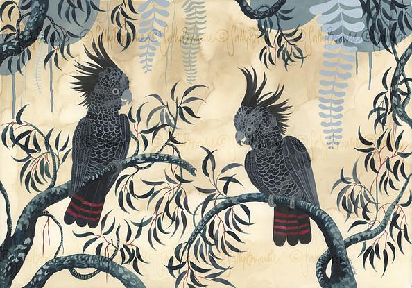 (CreativeWork) Red Tailed Black Cockatoo Forest by Sally Browne. Watercolour. Shop online at Bluethumb.