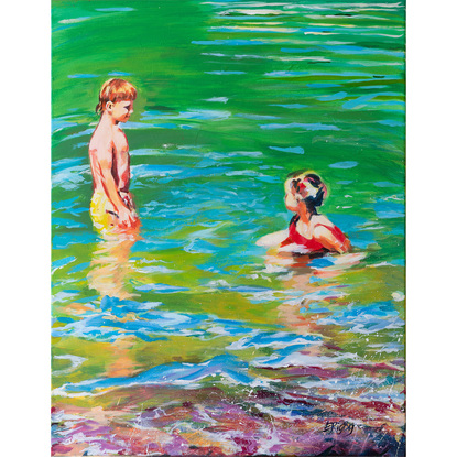 Two tanned children cooling off in the greeny blue swirling water of Cinque Terre Italy.