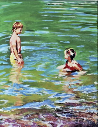 Two tanned children cooling off in the greeny blue swirling water of Cinque Terre Italy.