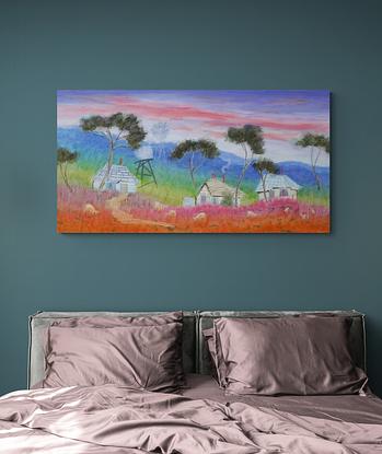 Brightly colored Australian landscape painted in whimsical style