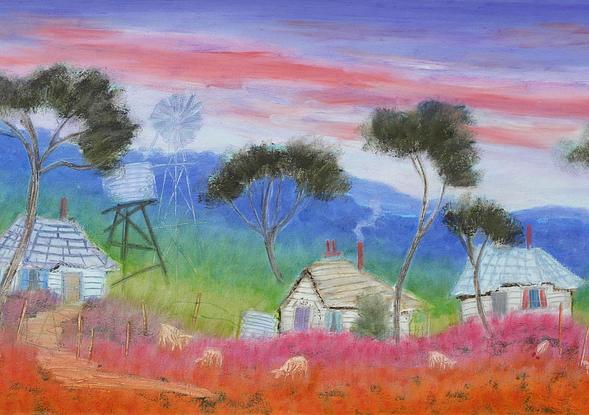 Brightly colored Australian landscape painted in whimsical style