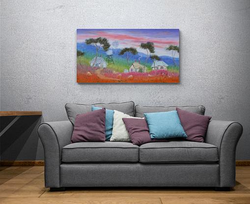 Brightly colored Australian landscape painted in whimsical style