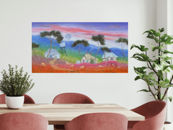 Brightly colored Australian landscape painted in whimsical style