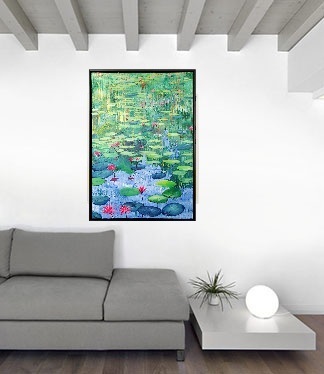 Pink Lillies is an artwork that contrasts bright pink flowers against a background of greens, blues and flashes of gold. It resembles the beauty of nature and looks great in any open living space or corporate setting. 
Part of a collection of works from the Lillies series..
Framed in a black floating frame, varnished, signed and ready to hang.
Own your Porterpainting today!