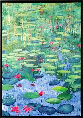 Pink Lillies is an artwork that contrasts bright pink flowers against a background of greens, blues and flashes of gold. It resembles the beauty of nature and looks great in any open living space or corporate setting. 
Part of a collection of works from the Lillies series..
Framed in a black floating frame, varnished, signed and ready to hang.
Own your Porterpainting today!