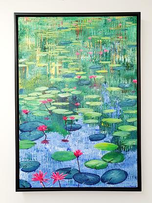 Pink Lillies is an artwork that contrasts bright pink flowers against a background of greens, blues and flashes of gold. It resembles the beauty of nature and looks great in any open living space or corporate setting. 
Part of a collection of works from the Lillies series..
Framed in a black floating frame, varnished, signed and ready to hang.
Own your Porterpainting today!