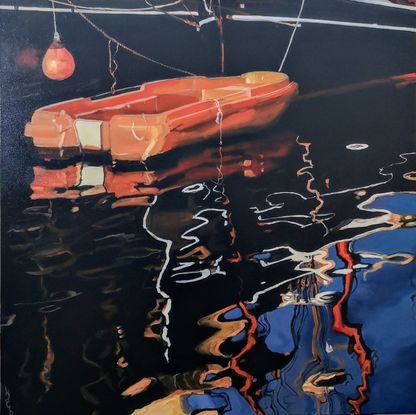 Bright orange buoy and lifeboat floating peacefully next to dark hulls atop liquid reflections.