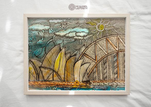 (CreativeWork) Bridge that connects dreams and the sky by Anjali Gopalakrishnan(the colourful labyrinth). Reproduction Print. Shop online at Bluethumb.