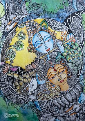 (CreativeWork) RadhaKrishna by Anjali Gopalakrishnan(the colourful labyrinth). Reproduction Print. Shop online at Bluethumb.