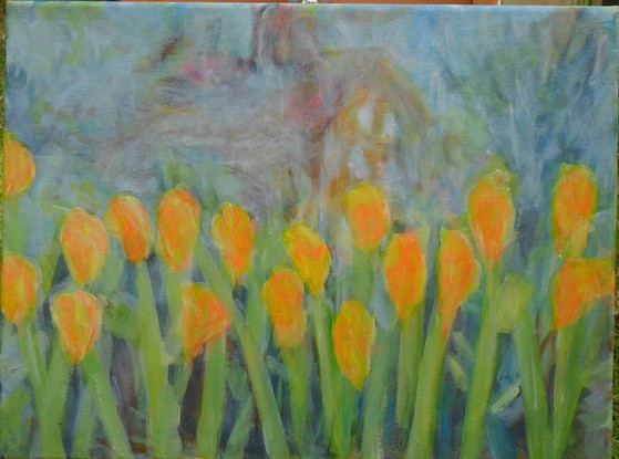 (CreativeWork) Misty tulips  by Hesh Fernando. Oil. Shop online at Bluethumb.