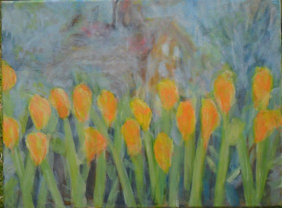 (CreativeWork) Misty tulips  by Hesh Fernando. Oil. Shop online at Bluethumb.