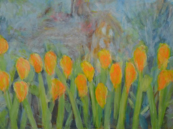 (CreativeWork) Misty tulips  by Hesh Fernando. Oil. Shop online at Bluethumb.