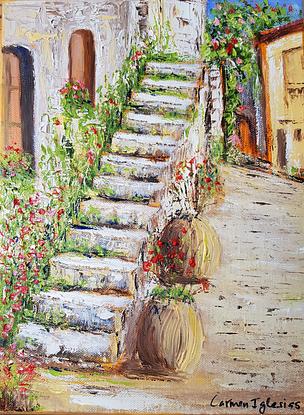 (CreativeWork) Flowers up the stairs by Carmen Iglesias. Oil. Shop online at Bluethumb.