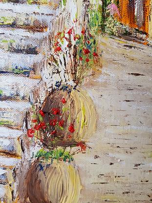 (CreativeWork) Flowers up the stairs by Carmen Iglesias. Oil. Shop online at Bluethumb.