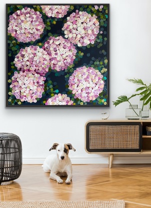 (CreativeWork) Pink night hydrangea 106x106 framed large textured abstract by Sophie Lawrence. Acrylic. Shop online at Bluethumb.