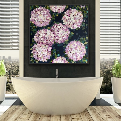 (CreativeWork) Pink night hydrangea 106x106 framed large textured abstract by Sophie Lawrence. Acrylic. Shop online at Bluethumb.