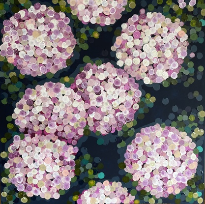 (CreativeWork) Pink night hydrangea 106x106 framed large textured abstract by Sophie Lawrence. Acrylic. Shop online at Bluethumb.