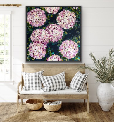 (CreativeWork) Pink night hydrangea 106x106 framed large textured abstract by Sophie Lawrence. Acrylic. Shop online at Bluethumb.