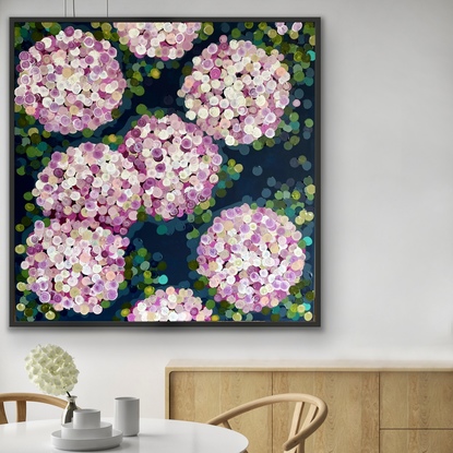 (CreativeWork) Pink night hydrangea 106x106 framed large textured abstract by Sophie Lawrence. Acrylic. Shop online at Bluethumb.