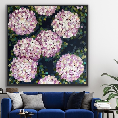 (CreativeWork) Pink night hydrangea 106x106 framed large textured abstract by Sophie Lawrence. Acrylic. Shop online at Bluethumb.