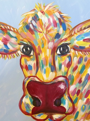 (CreativeWork) “Frederica” the cow by Sarah McManus. Acrylic. Shop online at Bluethumb.