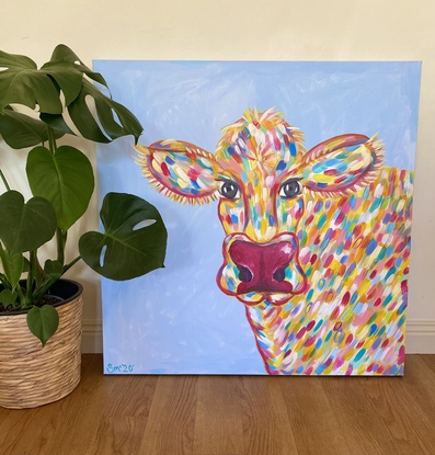 (CreativeWork) “Frederica” the cow by Sarah McManus. Acrylic. Shop online at Bluethumb.