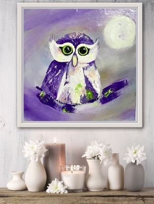 A vibrant, textured acrylic artwork to delight the young at heart. This beautiful baby owl is friendly and welcoming with its kind eyes and playful colours.  Beckoning to be touched with its tactile impasto flourishes. Currently unframed, it could be further enhanced with a while frame, however it is beautiful just as it is, and is strung, ready to hang!