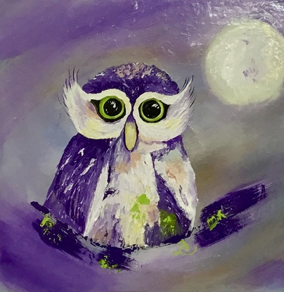 A vibrant, textured acrylic artwork to delight the young at heart. This beautiful baby owl is friendly and welcoming with its kind eyes and playful colours.  Beckoning to be touched with its tactile impasto flourishes. Currently unframed, it could be further enhanced with a while frame, however it is beautiful just as it is, and is strung, ready to hang!