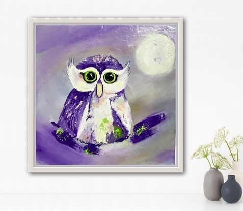 A vibrant, textured acrylic artwork to delight the young at heart. This beautiful baby owl is friendly and welcoming with its kind eyes and playful colours.  Beckoning to be touched with its tactile impasto flourishes. Currently unframed, it could be further enhanced with a while frame, however it is beautiful just as it is, and is strung, ready to hang!