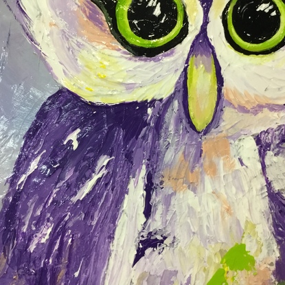 A vibrant, textured acrylic artwork to delight the young at heart. This beautiful baby owl is friendly and welcoming with its kind eyes and playful colours.  Beckoning to be touched with its tactile impasto flourishes. Currently unframed, it could be further enhanced with a while frame, however it is beautiful just as it is, and is strung, ready to hang!