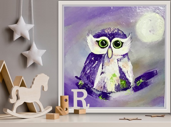 A vibrant, textured acrylic artwork to delight the young at heart. This beautiful baby owl is friendly and welcoming with its kind eyes and playful colours.  Beckoning to be touched with its tactile impasto flourishes. Currently unframed, it could be further enhanced with a while frame, however it is beautiful just as it is, and is strung, ready to hang!