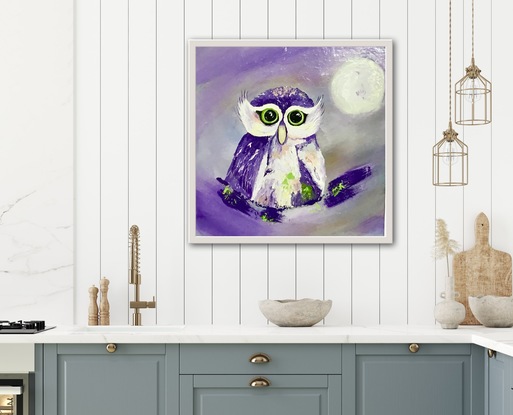 A vibrant, textured acrylic artwork to delight the young at heart. This beautiful baby owl is friendly and welcoming with its kind eyes and playful colours.  Beckoning to be touched with its tactile impasto flourishes. Currently unframed, it could be further enhanced with a while frame, however it is beautiful just as it is, and is strung, ready to hang!