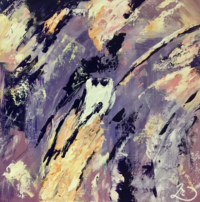 Small vibrant abstract, featuring textured swirls of purples, apricots, ochres and creams, blending and contrasting in constant movement. A hidden impression of a watchful owl, tests the onlooker’s observation skills!