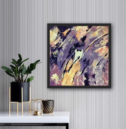 Small vibrant abstract, featuring textured swirls of purples, apricots, ochres and creams, blending and contrasting in constant movement. A hidden impression of a watchful owl, tests the onlooker’s observation skills!