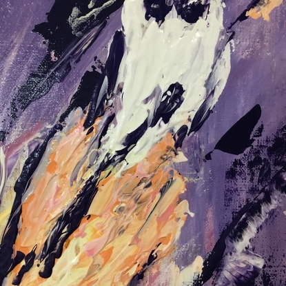 Small vibrant abstract, featuring textured swirls of purples, apricots, ochres and creams, blending and contrasting in constant movement. A hidden impression of a watchful owl, tests the onlooker’s observation skills!