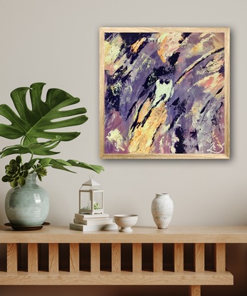 Small vibrant abstract, featuring textured swirls of purples, apricots, ochres and creams, blending and contrasting in constant movement. A hidden impression of a watchful owl, tests the onlooker’s observation skills!