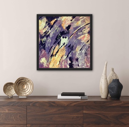 Small vibrant abstract, featuring textured swirls of purples, apricots, ochres and creams, blending and contrasting in constant movement. A hidden impression of a watchful owl, tests the onlooker’s observation skills!