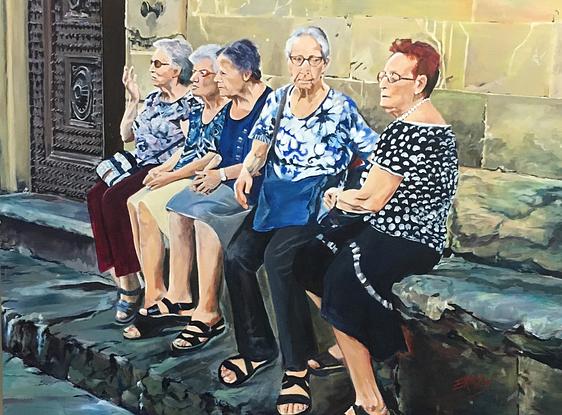 Five Italian  nonnas sitting  on a stone bench near Santo Spirito in Oltrano, Florence, Italy. 