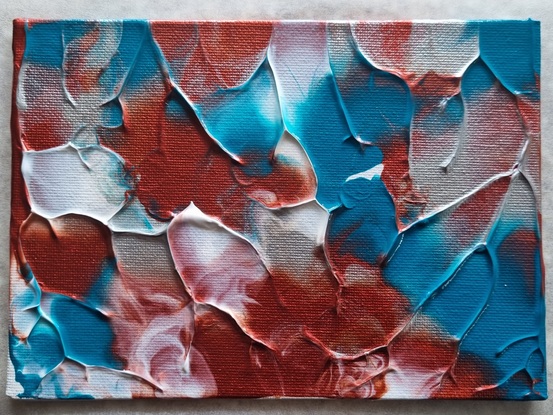 White, teal, silver and metallic red acrylic paint swirl across the canvas with almost lightning shaped ridges formed in the paint from pulling the two canvasses apart.